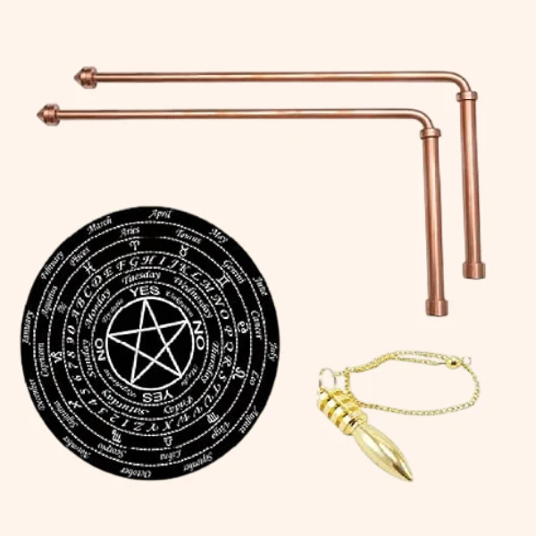 COPPER DOWSING ROD WITH HANDLE PAIR 8MM SET OF BOARD AND PENDULAM ASORTED