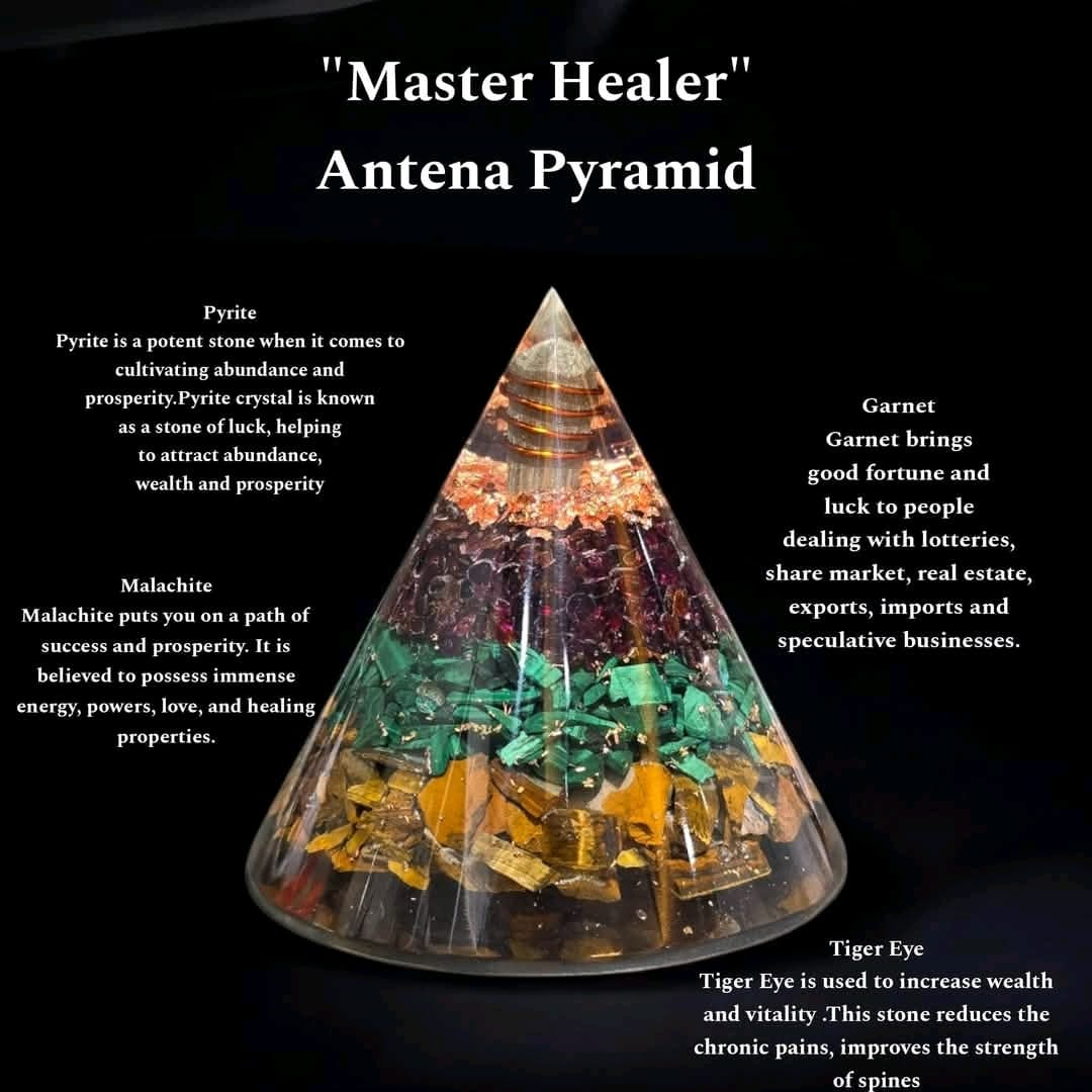 Master Healer combo of Tiger Eye, Pyrite, Malachite, and Garnet Crystal Orgone Pyramid for Relationship, Reiki Healing and Spiritual Growth